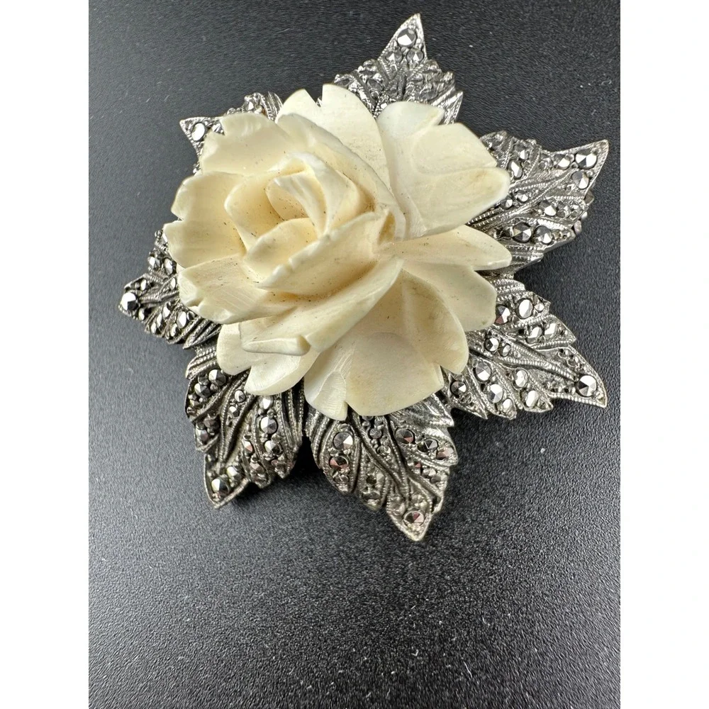 Vintage 1920s German Sterling Silver Carved Rose Marcasite Pin Brooch